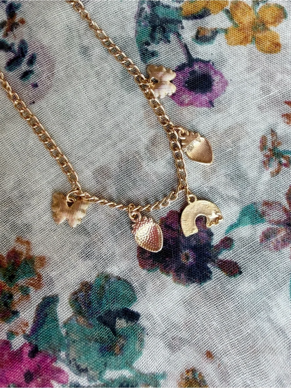 Butterfly Strawberry Rainbow Charm Gold Tone Necklace Kawaii Cottagecore
